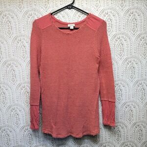 Sundance Waffle Knit Top Womens Small Coral Pink Thermal Velvet Trim Long Sleeve